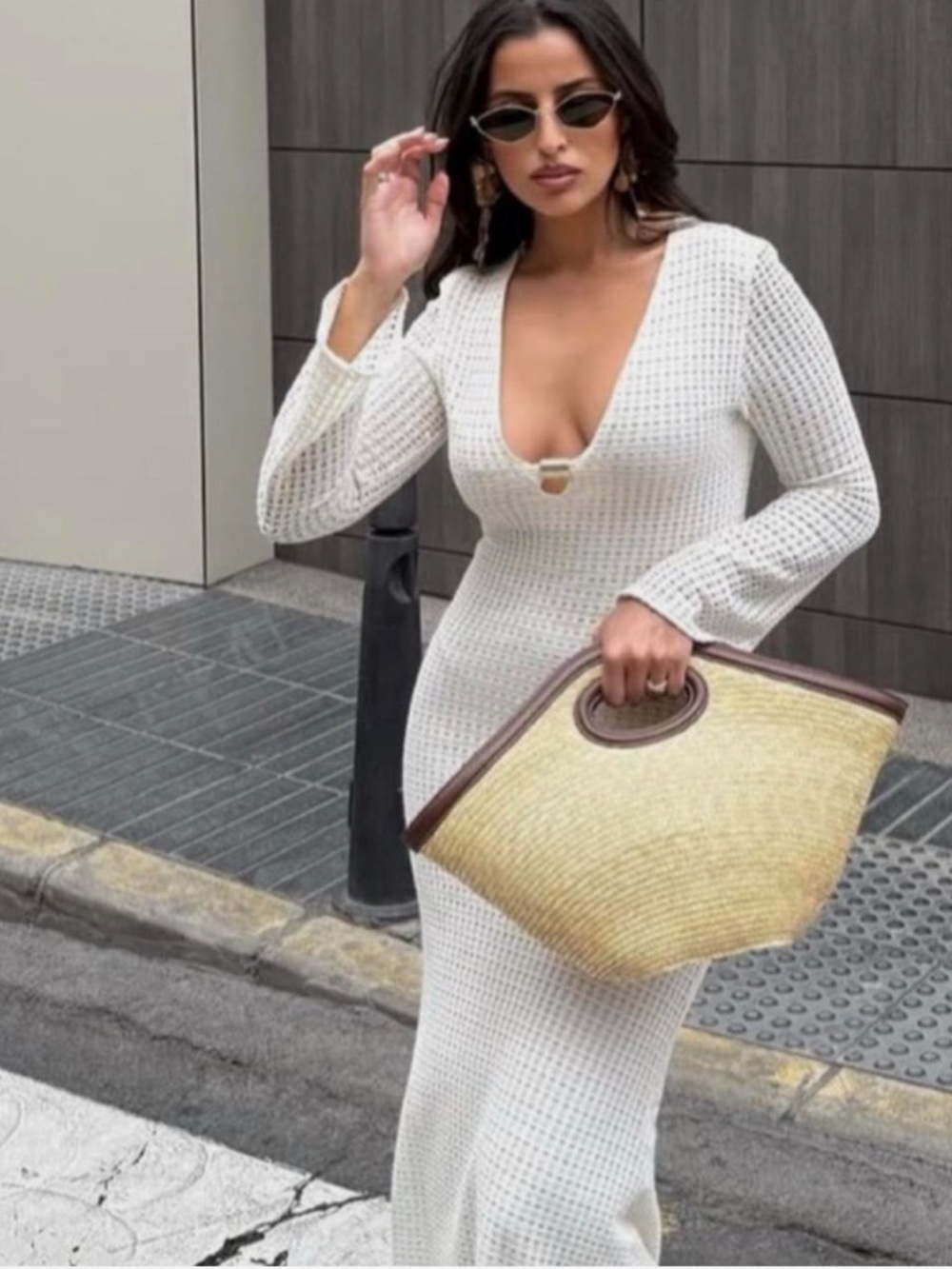 Zara White Knitted Deep V Maxi Dress
